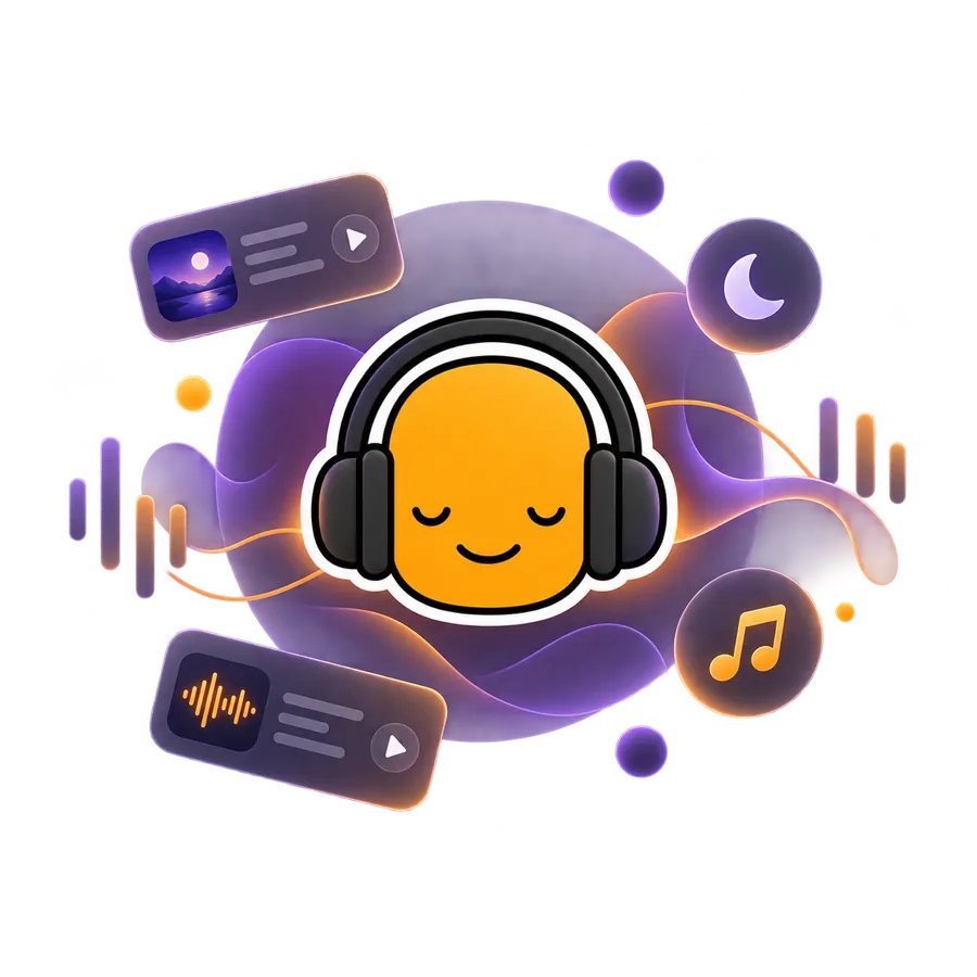 Monk wearing headphones with sleep and focus audio cards